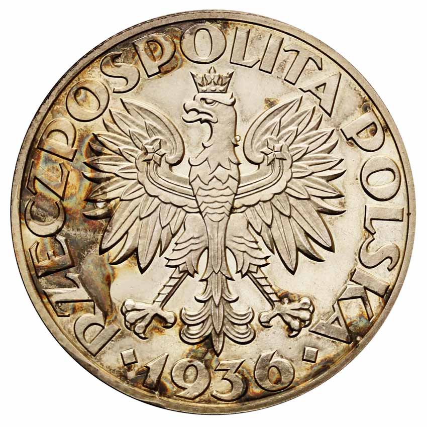II RP 5 złotych 1936, żaglowiec, PRÓBA, srebro z kolekcji Włodzimierza Głuchowskiego